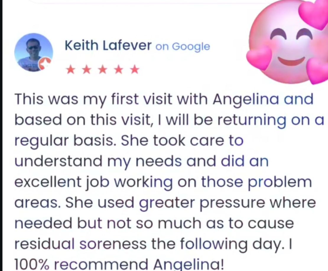 Five-star Google review from "Keith Lafever" highly recommending Angelina after an effective first visit.